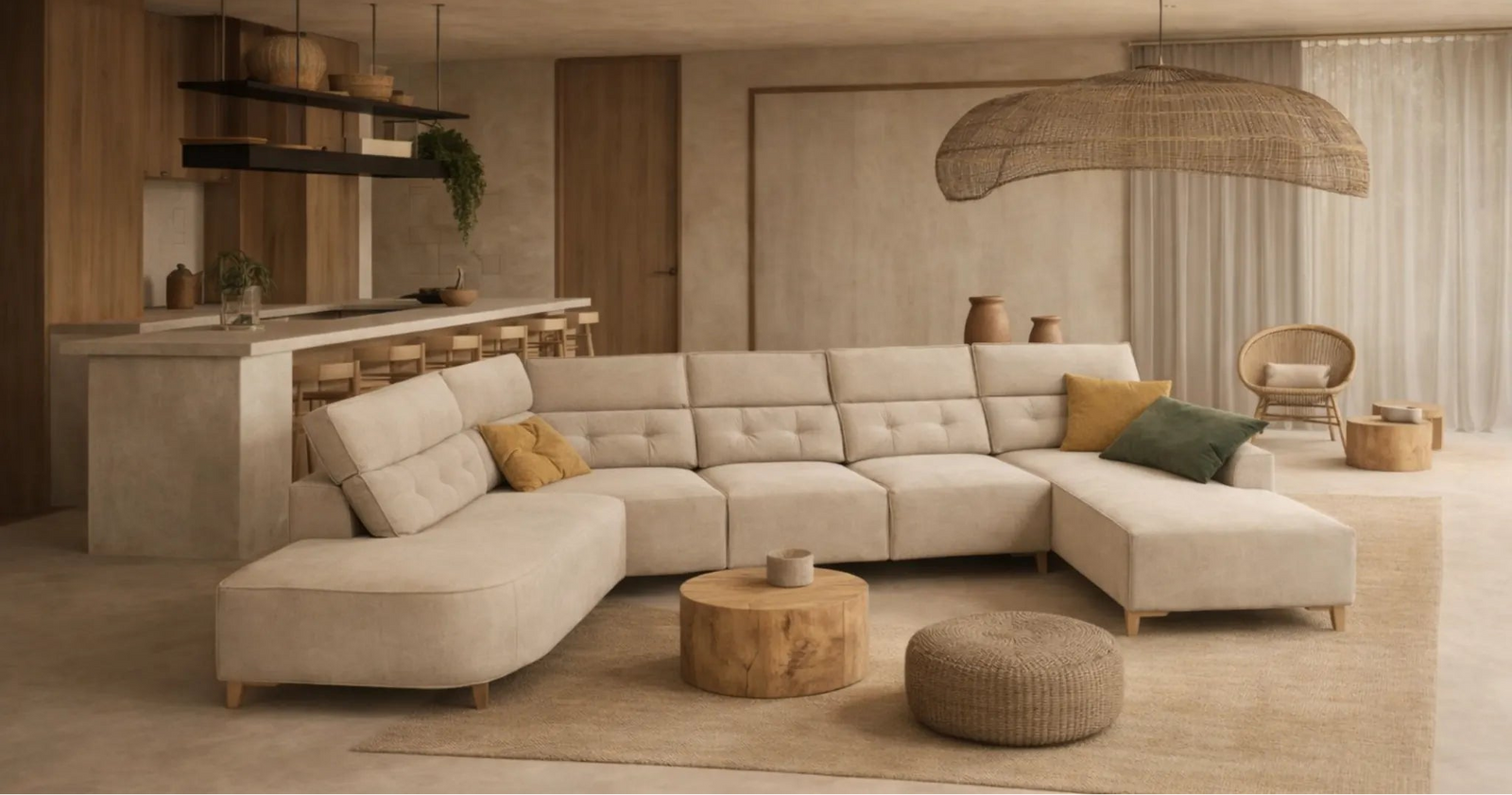 Sofá modular L beige crema patas madera chaise larga.