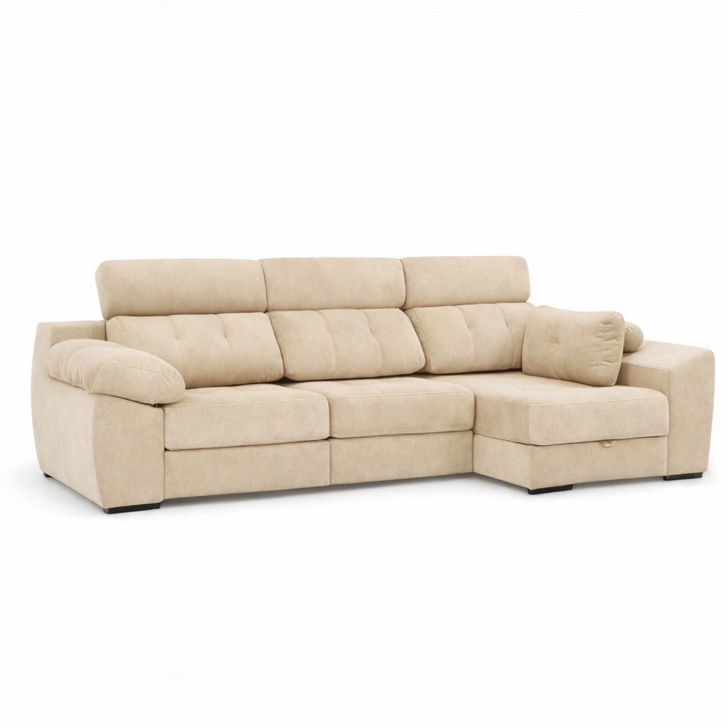 Sofá chaise longue en tono marrón crema extensible con almacenaje modelo Vissuto Infinity.