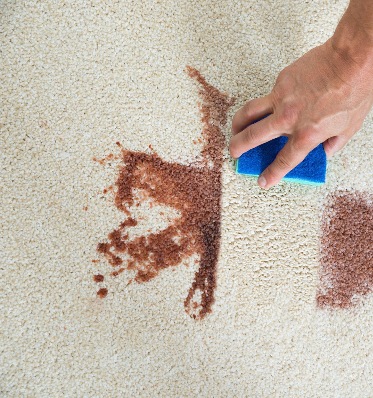 Demostración de tejido antimanchas Vissuto: mano limpiando mancha de café con esponja azul sobre tapizado beige