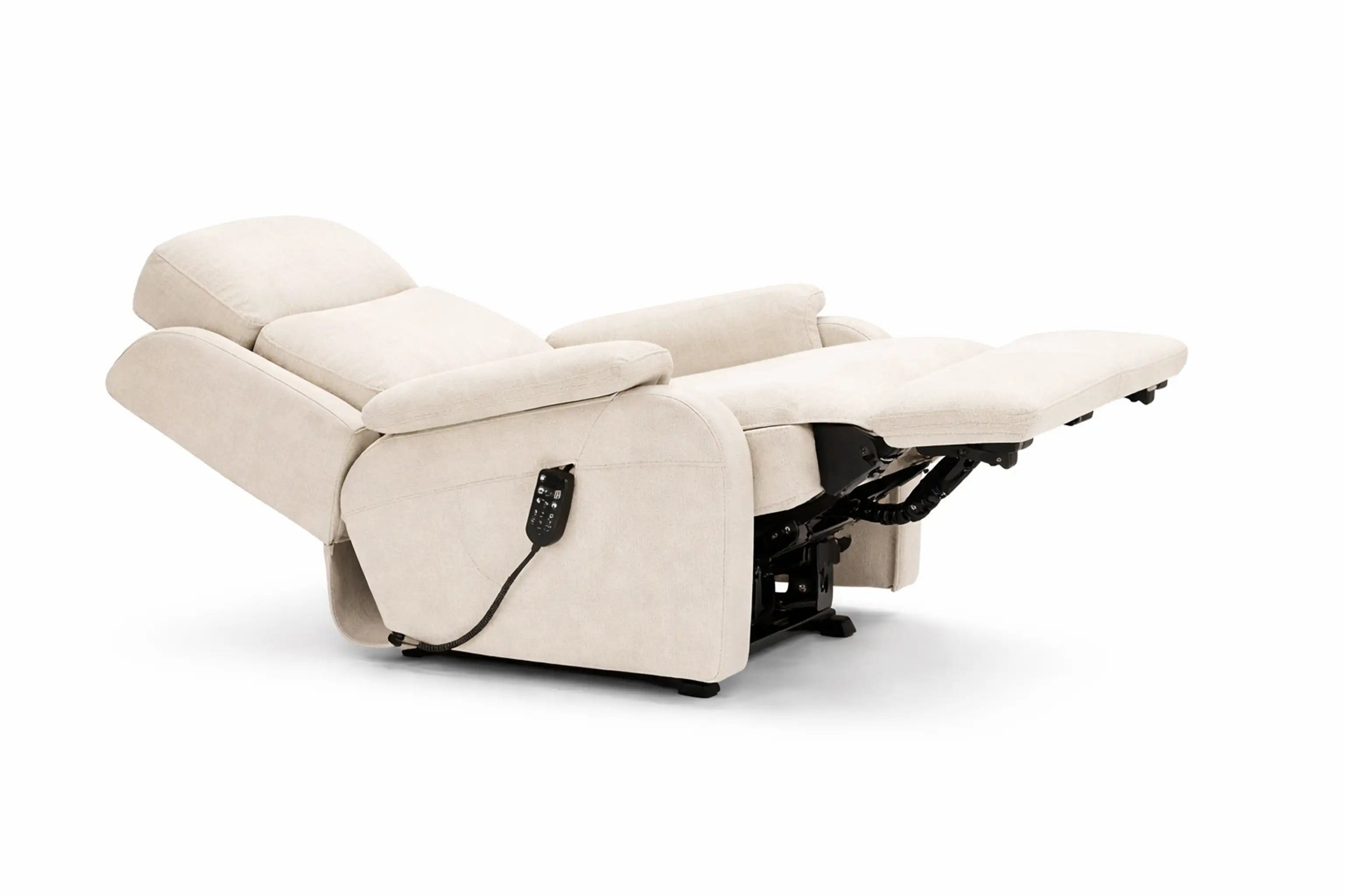 Sillón relax beige eléctrico reclinado hacia atras y reposapiés elevado modelo Vissuto Tokio.